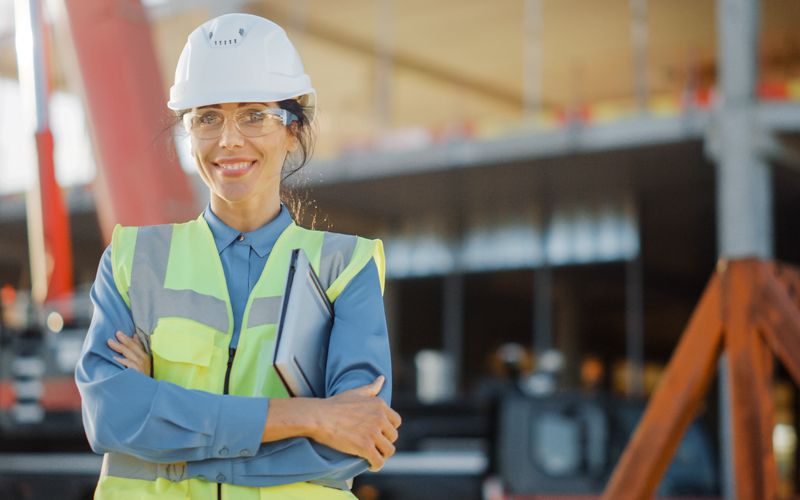 A woman construction worker monitors the current building site